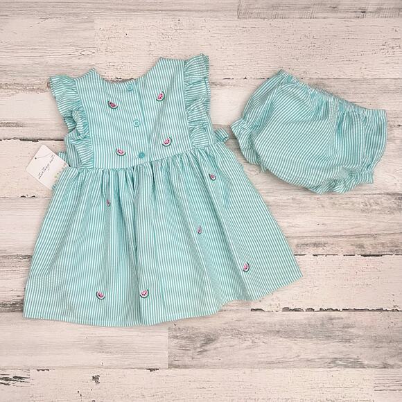 Starting Out Baby Girls 18M Watermelon Seersucker Dress Set Bloomers Bow New - Picture 3 of 9